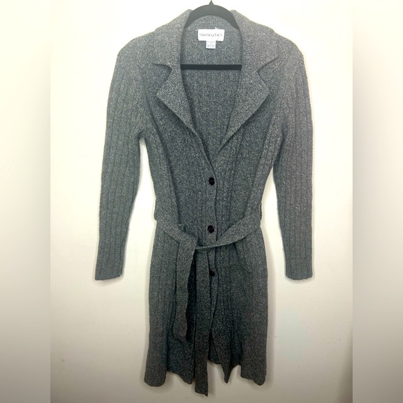 Vintage Bloomingdales 100% Lambs Wool Collared Duster Cardigan Knit Sweater sz M - Picture 1 of 11